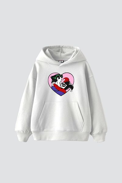 Sekizbiraltı Joker&Harley Printed Oversize Unisex Premium White Hoodie