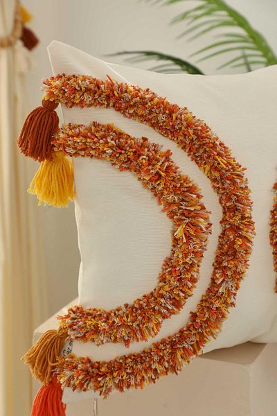 Aisha's Design Bohemian Decorative Throw Pillow Cover with Colorful Punch and Tassel Detail - K-386