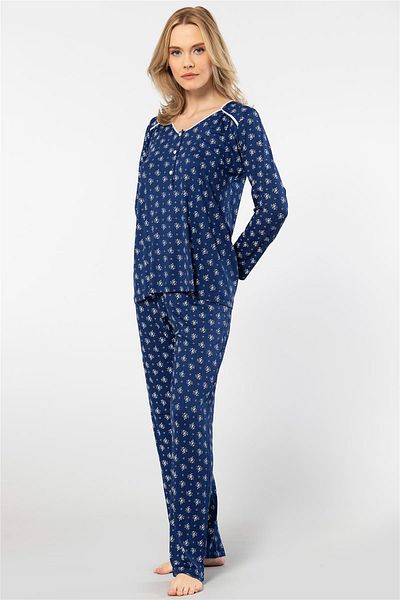 TÜREN 3382 Women's Floral Long Sleeve Placket Pajamas Set-Navy Blue