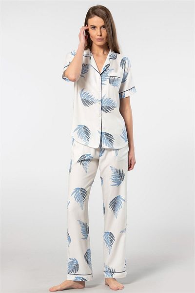 TÜREN Türen 3604 Women's Ecru Shirt and Pajama Set - Short Sleeve Woven