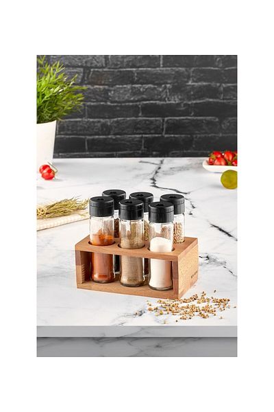 devigo 6-Piece Glass Spice Rack Set with Wooden Stand - Salt Shaker Pepper Shaker Spice Rack