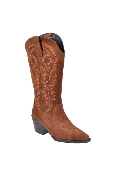 pullman Hakiki Deri İşlemeli Western Kadın Çizme PLM-011 TABA SÜET