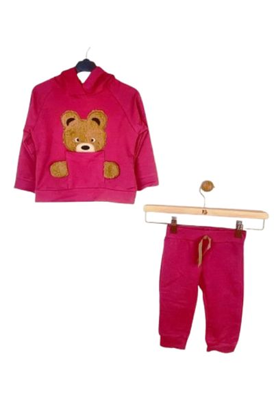fancykidsantalya بدلة رياضية للبنات - دمية دب قطيفة مطبوعة باللون الكرزي