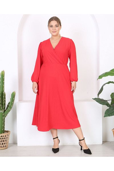 Butik Nilyam Women's Plus Size Double Breasted Neck Balloon Sleeve Maxi Length Wrap Dress 24672