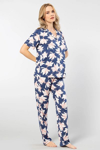 TÜREN 3355 Women's Short Sleeve Shirt Collar Pajamas Set-Navy Blue
