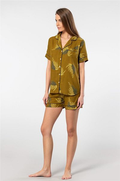 TÜREN Türen 3605 Women's Khaki Shirt Pajamas Set - Short Sleeve and Shorts