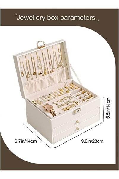 VARSTHREE Kadınlar için 3 Katmanlı Kilitli Deri Mücevher Kutusu Çıkarılabilir Tepsili Düzenleyici