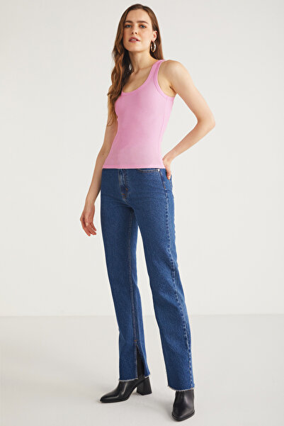 ETHIQUET Lıllesol Women's Cotton Ribbed Look Square Neck Thick Straps Basic Dark Pink Undershirt