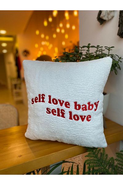 RahanDesign Self Love Baby Red Embroidered Teddy Throw Pillow Cover - 43X43Cm - Plush Pillow Cover