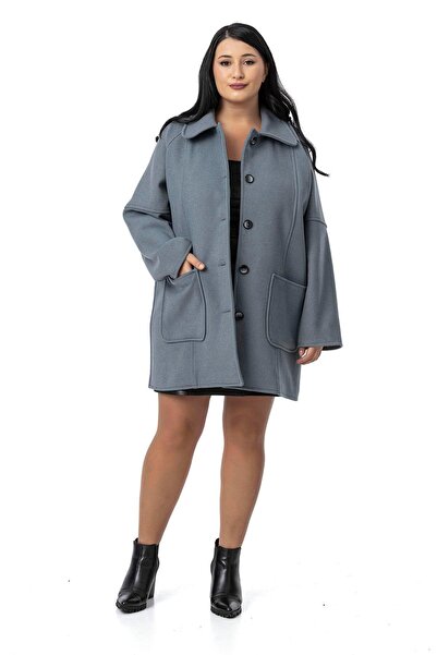 DISENTIS MODEST Large Size Shirt Collar Raglan Sleeve Bag Pocket Unlined Stitch Short Blue Coat