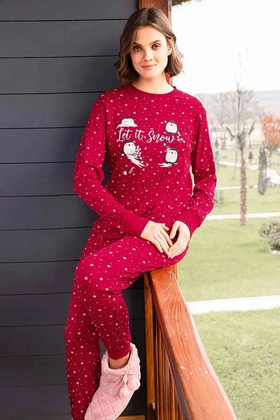 Aydoğan Red Women's Pajamas Set - New Year's 100% Cotton Rib