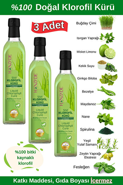 Hanzade Bitkisel Sıvı Klorofil Kürü Buğday Çimi İlaveli Bitki Ekstraktları 500 ML x 3 Adet Cam Şişe