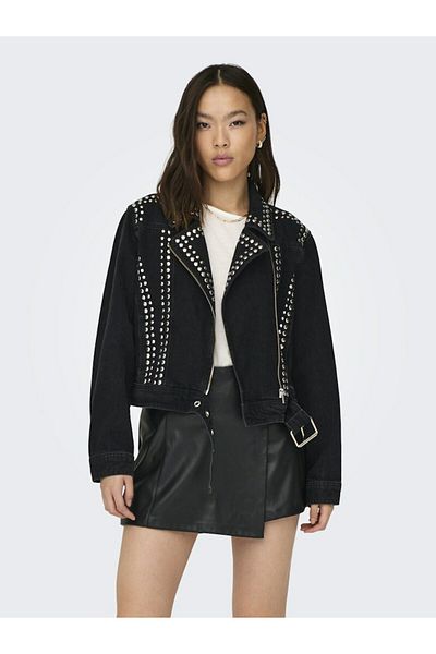 ONLY Jachetă neagră pentru femei Onlgilla Ls Stud Dnm Biker Cro Jacket 15300529-Negru