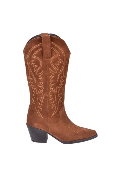 pullman Hakiki Deri İşlemeli Western Kadın Çizme PLM-011 TABA SÜET