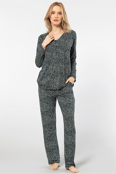 TÜREN 3382 Women's Floral Long Sleeve Placket Pajamas Set-Green