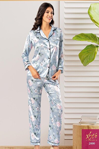 Xses Set de pijamale din satin cu mâneci lungi pentru femei 2000-albastru