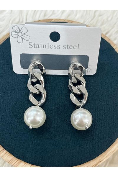 YASİN TOPÇU Steel Silver Pearl Detailed Swinging Earrings