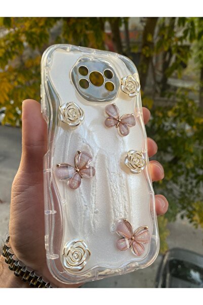 AQUA AKSESUAR Poco X3 Pro Uyumlu Kılıf 5D Kabartmalı Kelebek Çiçek Desenli Kenarları Şeffaf