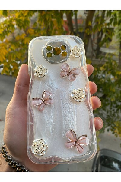 AQUA AKSESUAR Poco X3 Pro Uyumlu Kılıf 5D Kabartmalı Kelebek Çiçek Desenli Kenarları Şeffaf