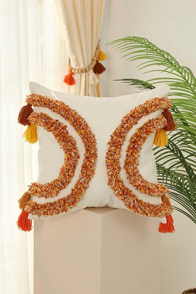 Aisha's Design Bohemian Decorative Throw Pillow Cover with Colorful Punch and Tassel Detail - K-386