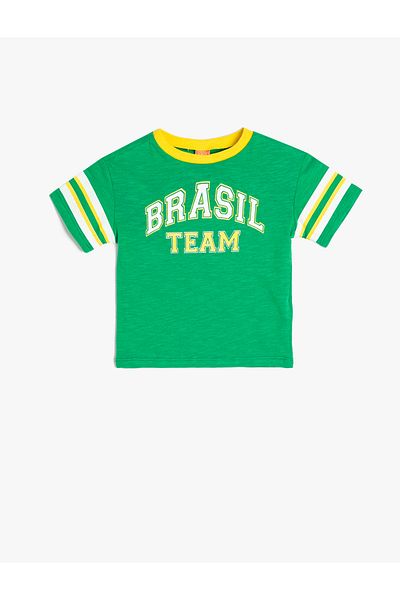 Koton Tricou cu mânecă scurtă, cu temă sportivă, cu imprimeu brazilian, cu gât crew