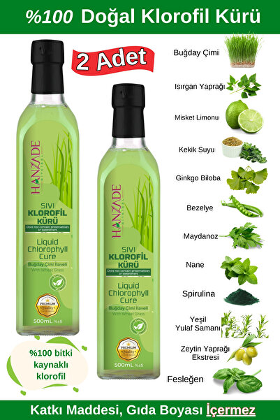 Hanzade Bitkisel Sıvı Klorofil Kürü Buğday Çimi İlaveli Bitki Ekstraktları 500 ML x 2 Adet Cam Şişe