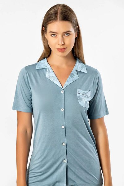 TÜREN Türen 3377 Set cămașă cu mânecă lungă și pijama albastră pentru femei