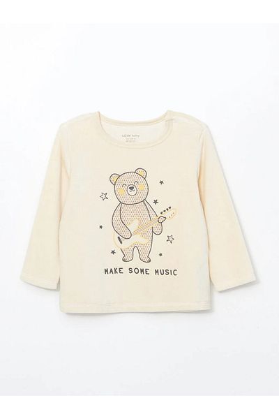 LC Waikiki Lcw Baby Light Beige Crew Neck Long Sleeve Printed Baby Boy Pajamas Set