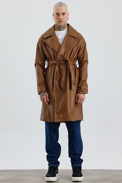 MADZEYMODA Ανδρική καφέ δερμάτινη καμπαρντίνα - Premium, Άνετη εφαρμογή, Επένδυση, Διπλό πέτο Mz56129