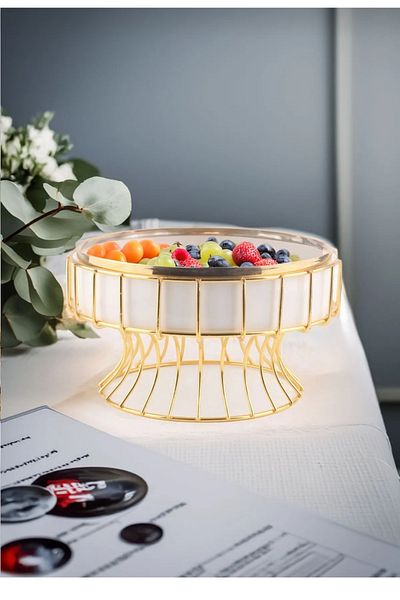 Ramo's Autumn Gold Detailed - Life Tree Patterned Porcelain Round Fruit Bowl with Metal Stand Presentation Serving Bowl