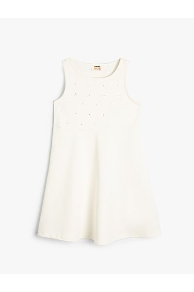 Koton Stone Detailed Midi Sleeveless Dress - Round Neck Viscose Fabric