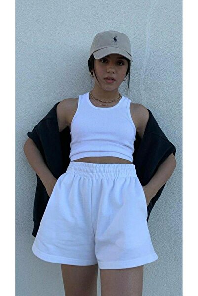 Butik Sport Kadın Beyaz Şort Rahat Giyim Mevsimlik Şort