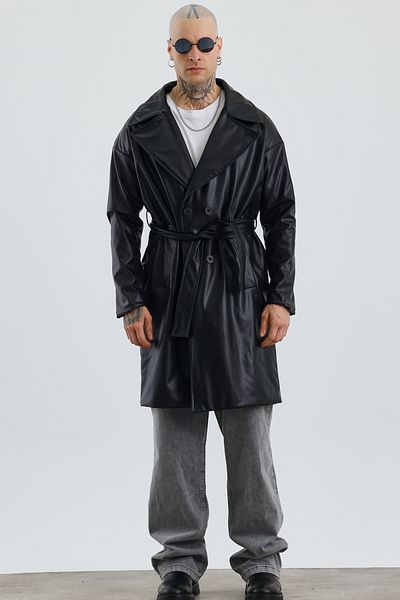 MADZEYMODA Premium Black Leather - Relaxed Fit Double Breasted Lapel Trench Coat Mz56129