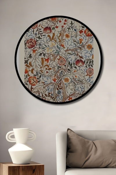 Teona Ahşap Tablou decorativ cu cadru rotund din lemn cu aspect William Morri...