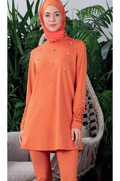 Moodbasic SW36.256 Moodbasic - Stone Detailed Gathered Sleeve Hijab Swimsuit