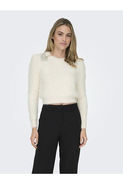 ONLY Beige Crop O-Neck Bling Sweater and Cardigan - Women's 15327597 -Clouddanc