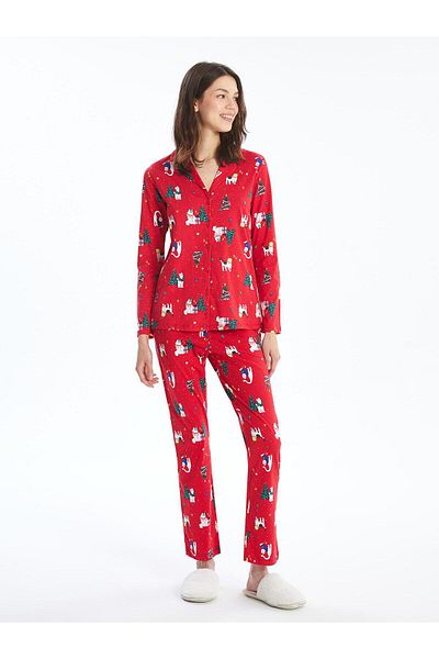 LC Waikiki Lcw Young Printed Shirt Collar Christmas Themed Women's Pajamas Set