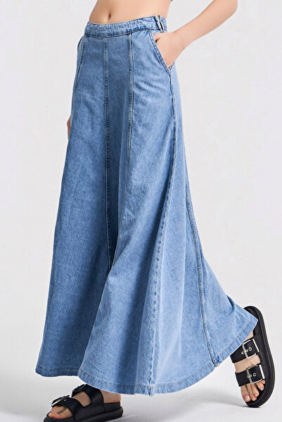 Ottawe Maksi Boy Yandan Fermuarlı Regular Fit A-Form Yıkamalı Likrasız Cepli Uzun Denim Jean Etek