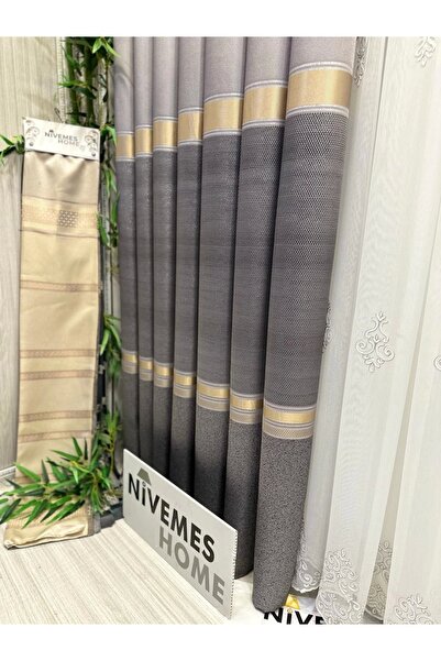 NİVEMESHOME Nivemeshome Sea ft 614177 V-5403 - 1/3 Silver Color Close Pleated Background Curtain