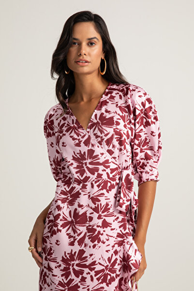 boneqa barcelona Kruvaze Yaka Detaylı Desenli Elbise