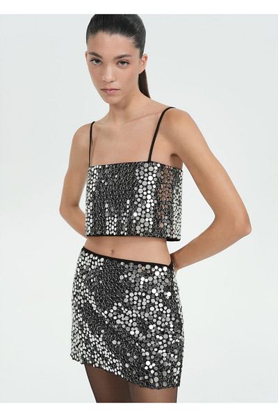 MANGO Woman Short Blouse with Crystal Stones