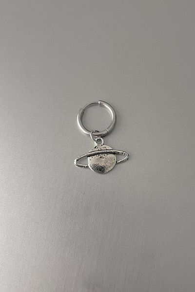 Jaida Moda Unisex Silver Saturn Figured Steel Dangle Hoop Earrings
