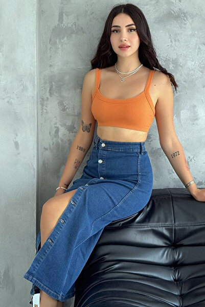 Ottawe Regular Fit Yüksek Bel Esnek Kumaş Önden Metal Düğmeli Uzun Bilek Boy Denim Jean Kalem Etek