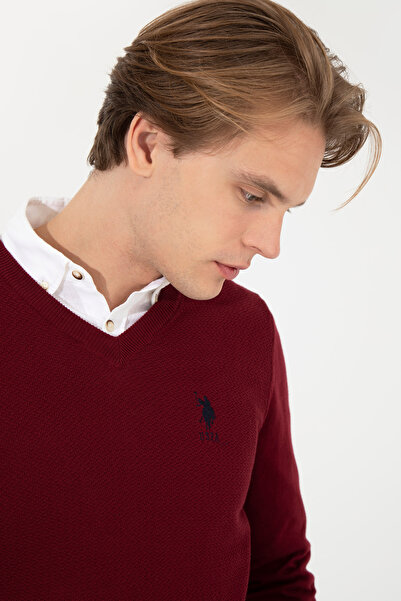 U.S. Polo Assn. Men's Burgundy V-Neck Basic Knitwear Sweater 50251877 -Vr014