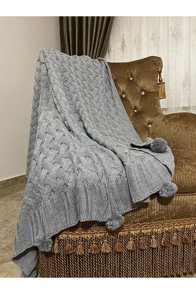 YGT Home Lavender 10 Pompom Knitwear Knitted Tv Blanket Gray |   Seat Cover - Leg Shawl