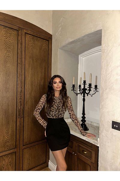 LOCH BUTİK ROCHIE MINI NEGRĂ TUL LEOPARD CU MÂNECĂ LUNGĂ