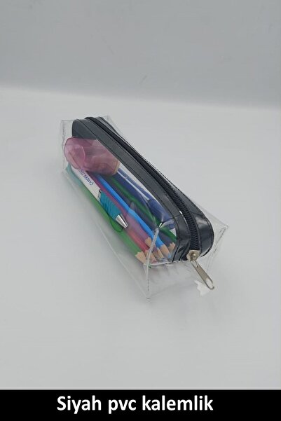 çamdertekstil Şeffaf, Siyah Pvc Kalem Kutusu Tek Bölmeli Şeffaf Kalemlik Siya...