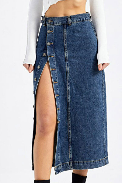 CoolLook Likrasız Yüksek Belli Önden Düğmeli Yırtmaçlı Yıkamalı Bilek Boy Cep...