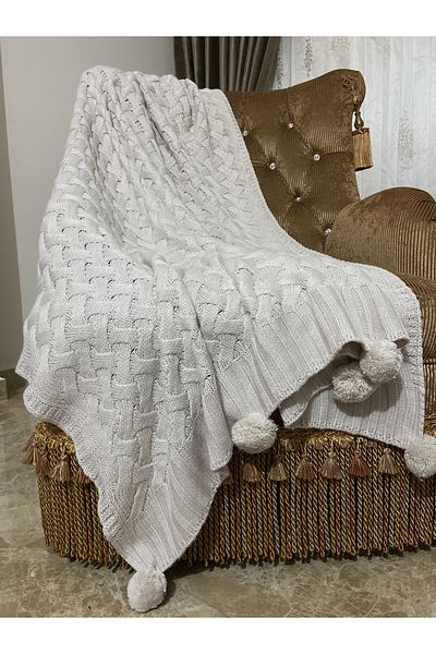 YGT Home Beige Lavender Wrap 10 Pompom Knitwear with Tv Blanket - Seat Cover and Leg Shawl