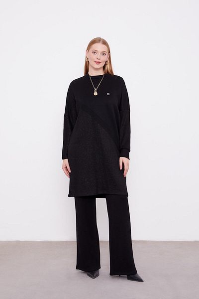 Levidor Glitter Fabric Emblem Detailed Knitwear Tunic - Black